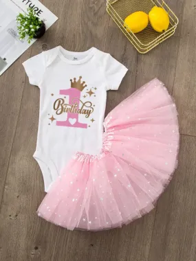 Princess Birthday Ensemble: Delightful First Birthday Bodysuit and Tutu Set for Little Girls