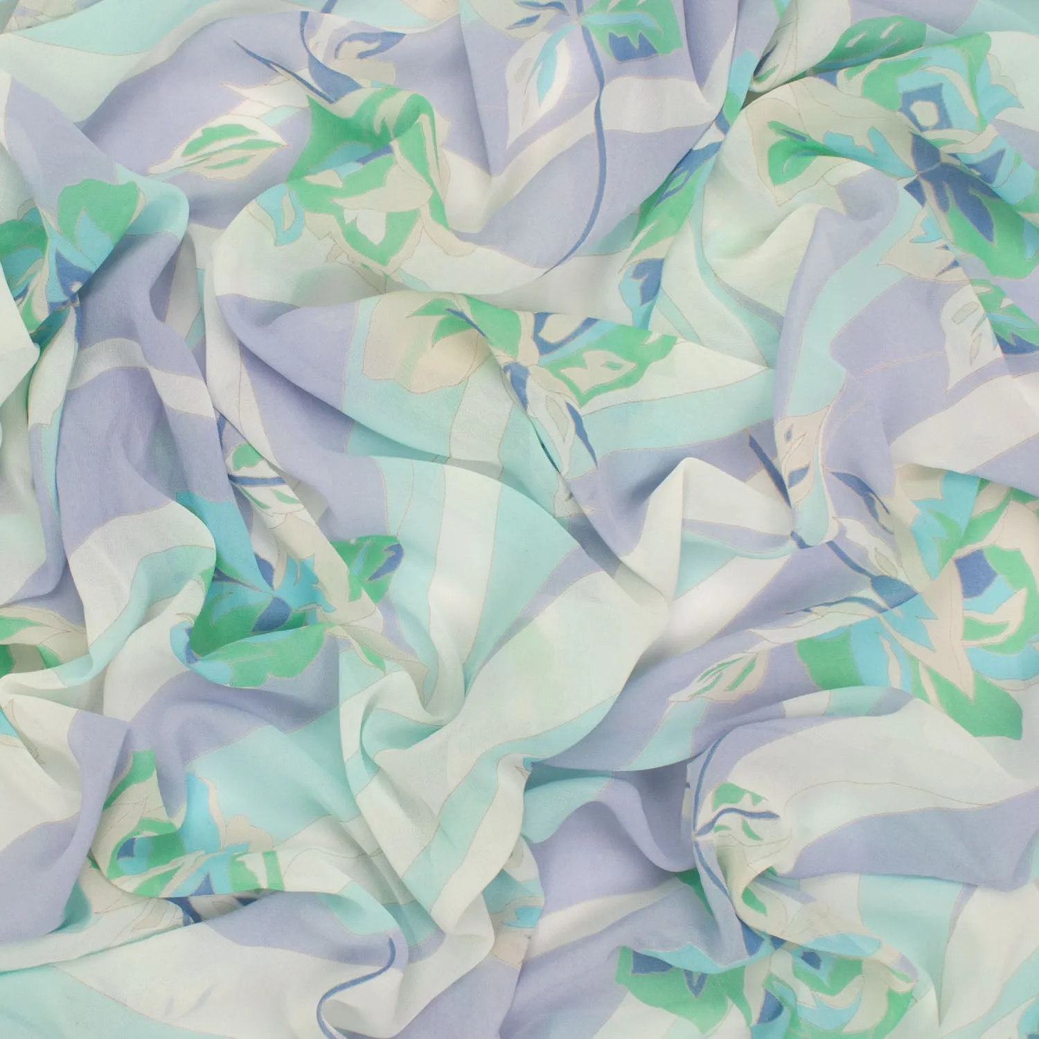 Printed Chiffon Design-12 Mint & Silver Roses on Purple Waves