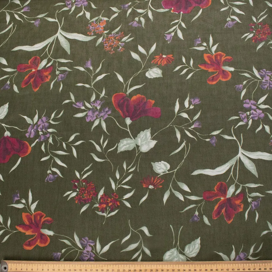 Printed Chiffon Design-235 Red Flowers & Leaves on Green