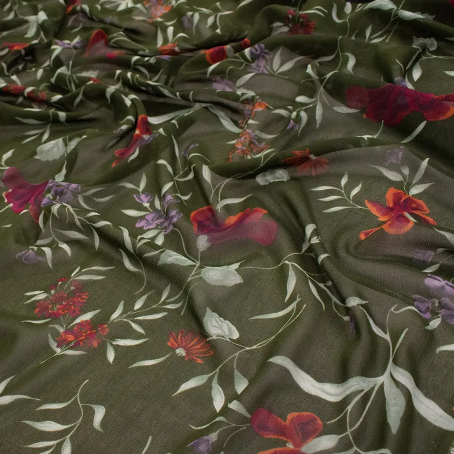 Printed Chiffon Design-235 Red Flowers & Leaves on Green