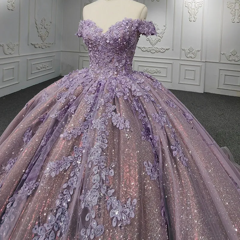 Quinceanera Purple Ball Gown Flower Dress