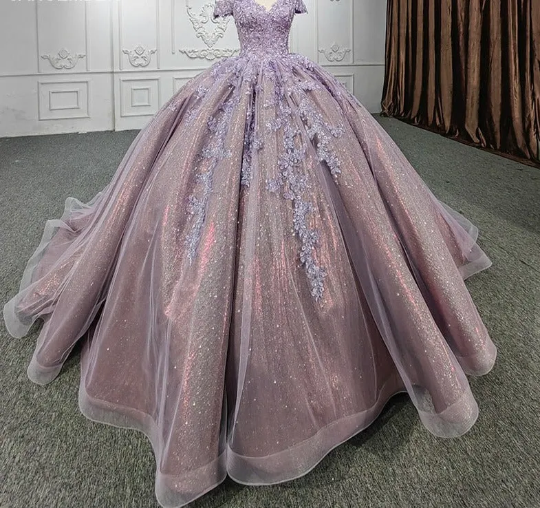 Quinceanera Purple Ball Gown Flower Dress