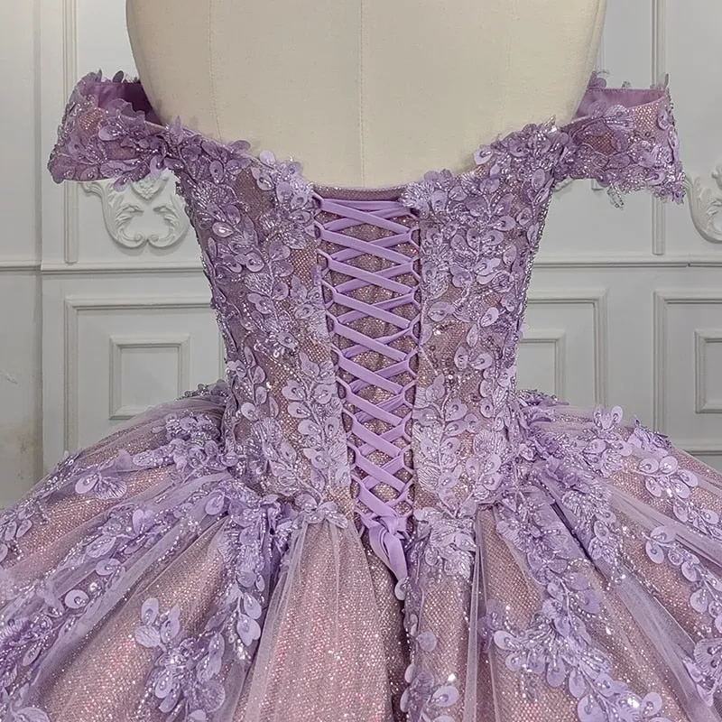 Quinceanera Purple Ball Gown Flower Dress