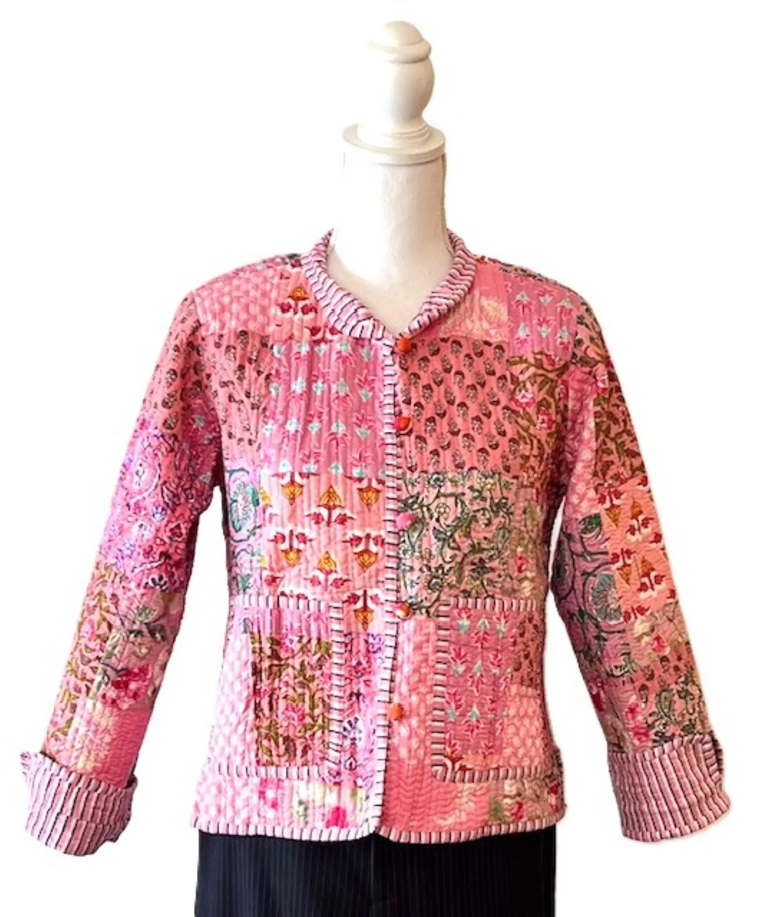 Reversible Cotton Quilted  Womens Jacket With Stripe Piping. New Print (Pink)