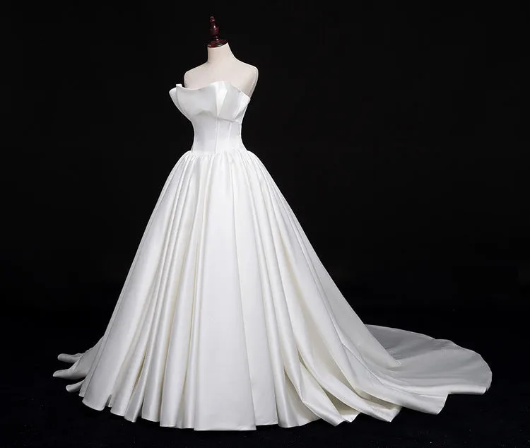 Romantic Unique Satin Ball Gown Cathedral Train Wedding Dress with Long Train #21011205