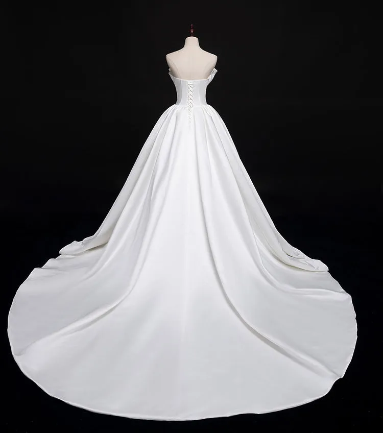 Romantic Unique Satin Ball Gown Cathedral Train Wedding Dress with Long Train #21011205