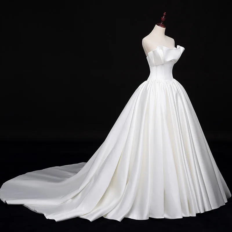 Romantic Unique Satin Ball Gown Cathedral Train Wedding Dress with Long Train #21011205