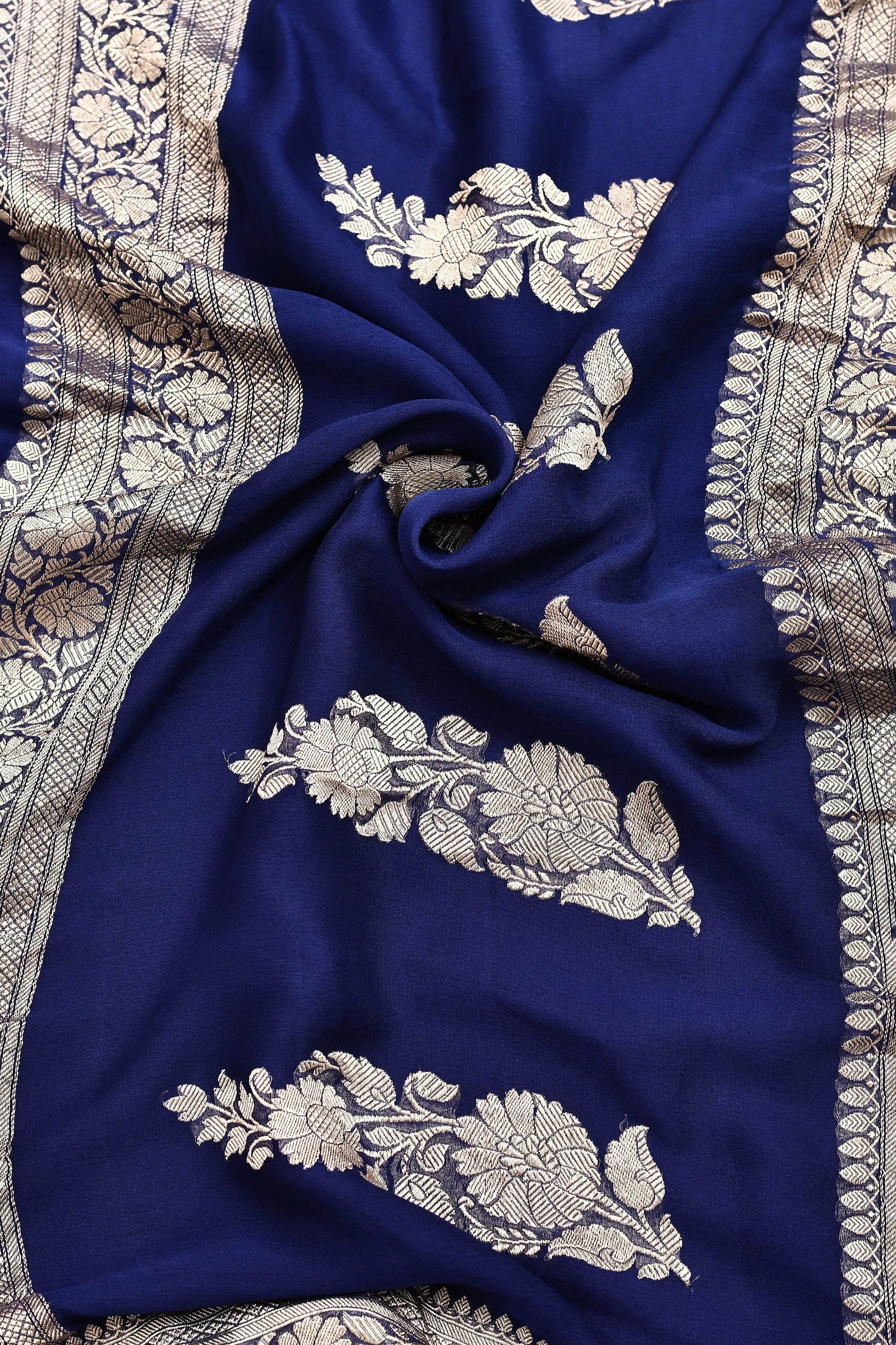 Royal Blue Khaadi Georgette Banarasi Saree With Booti Blouse