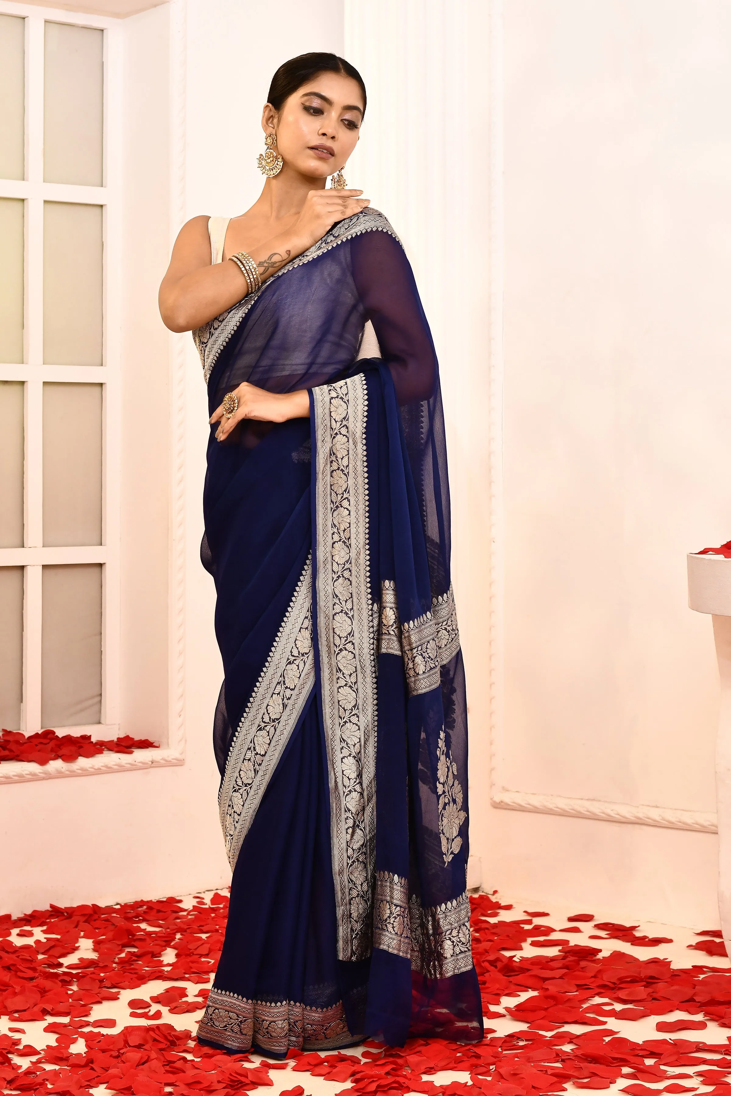 Royal Blue Khaadi Georgette Banarasi Saree With Booti Blouse