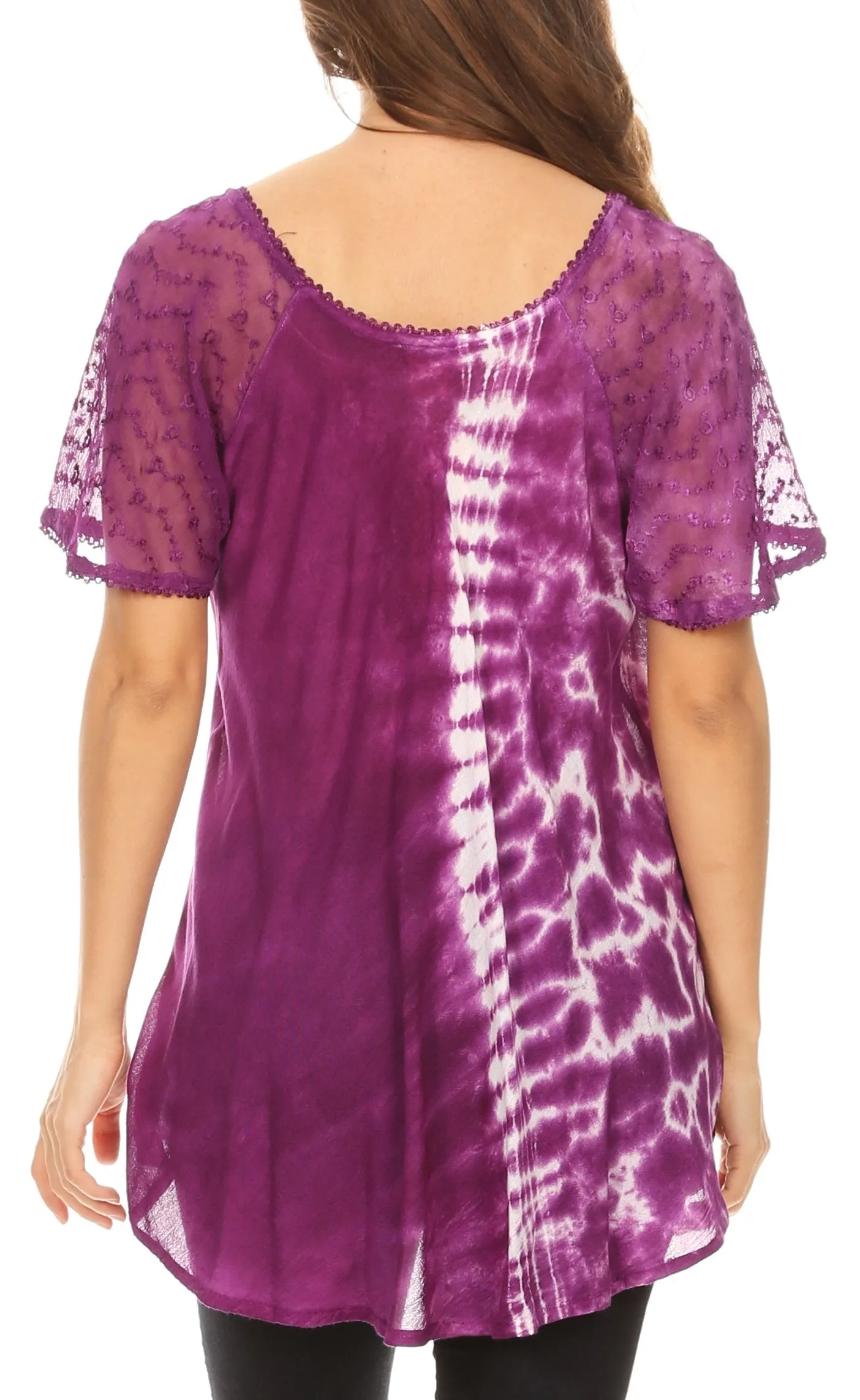 Sakkas Iris Womens Tie-dye Short Sleeve Blouse Top with Corset and Embroidery