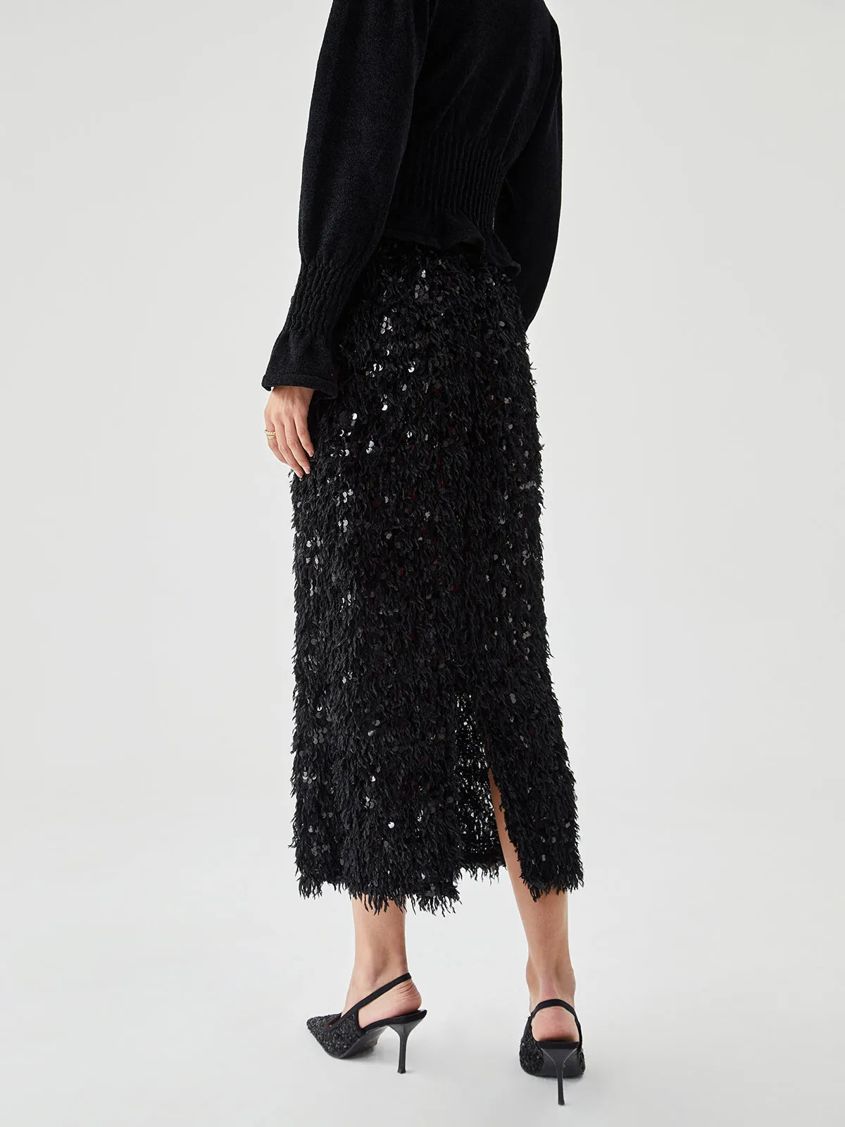 Sequin Feather Graceful Split Long Skirt