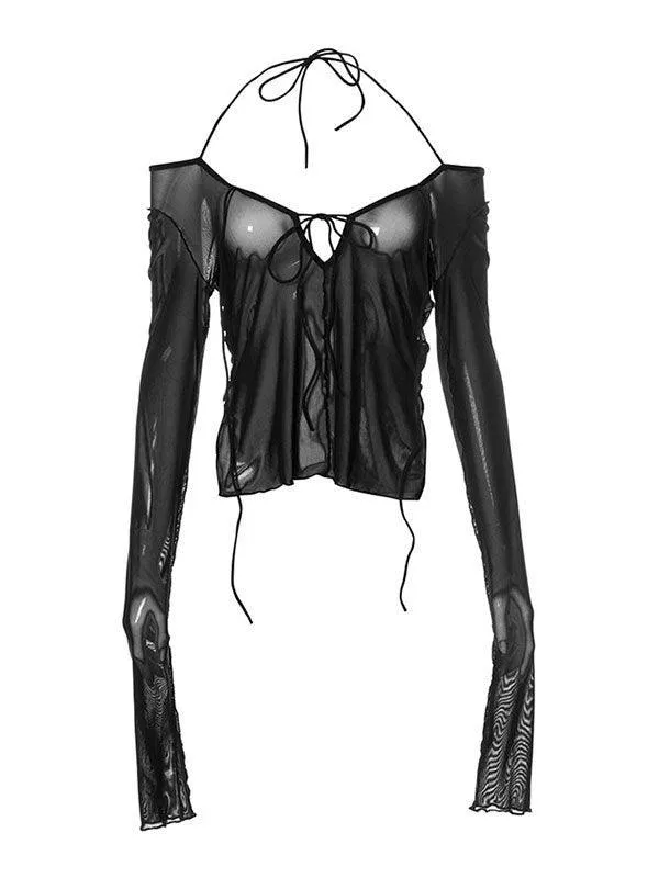 Sheer Mesh Graceful Lace Up Blouse