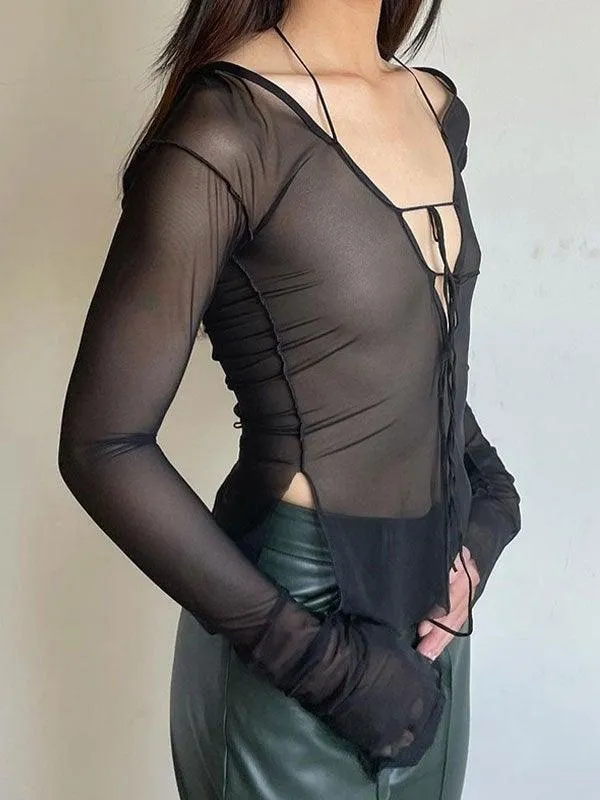 Sheer Mesh Graceful Lace Up Blouse