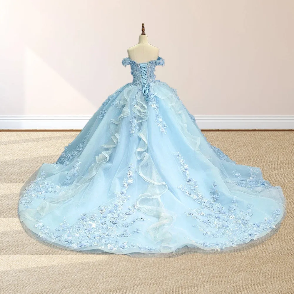 Sky Blue Lace Princess Appliqued Quinceanera Dress