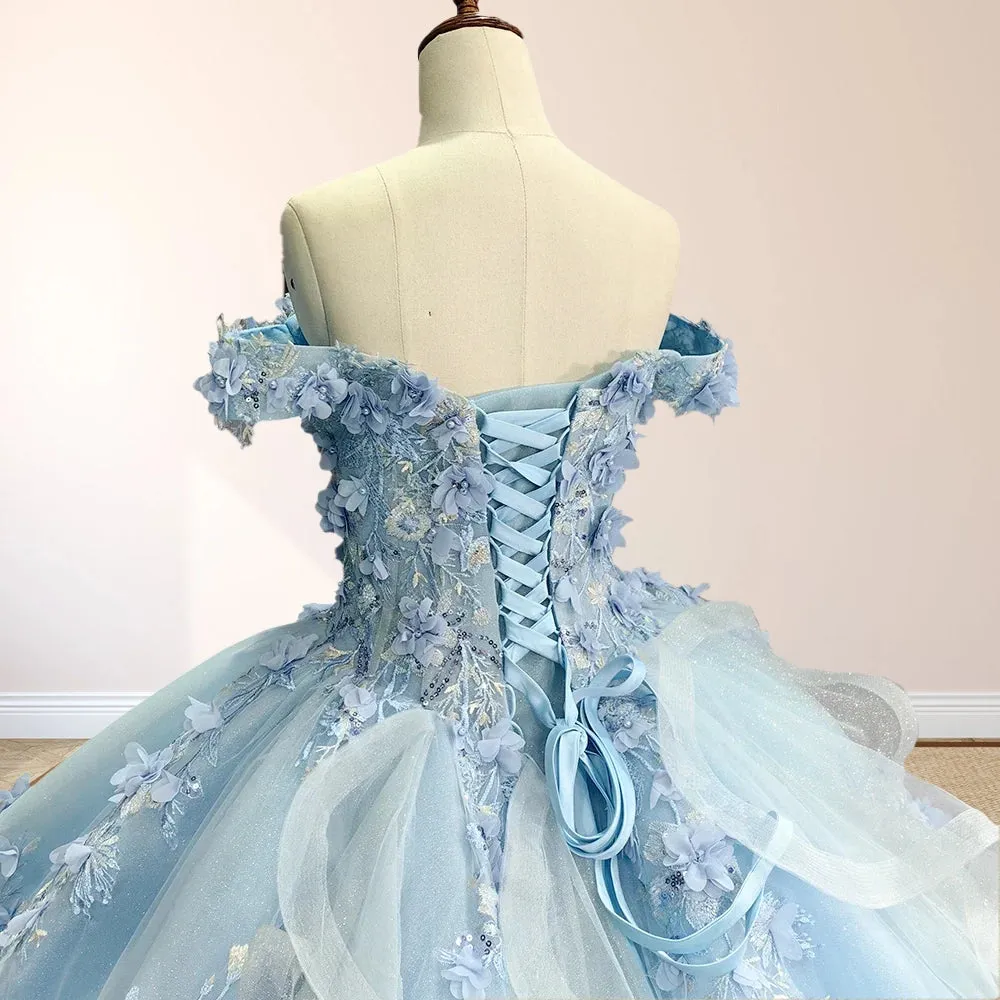 Sky Blue Lace Princess Appliqued Quinceanera Dress