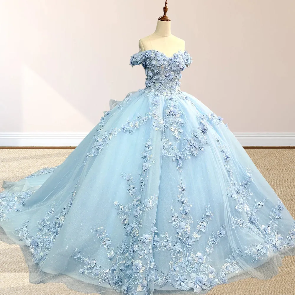 Sky Blue Lace Princess Appliqued Quinceanera Dress