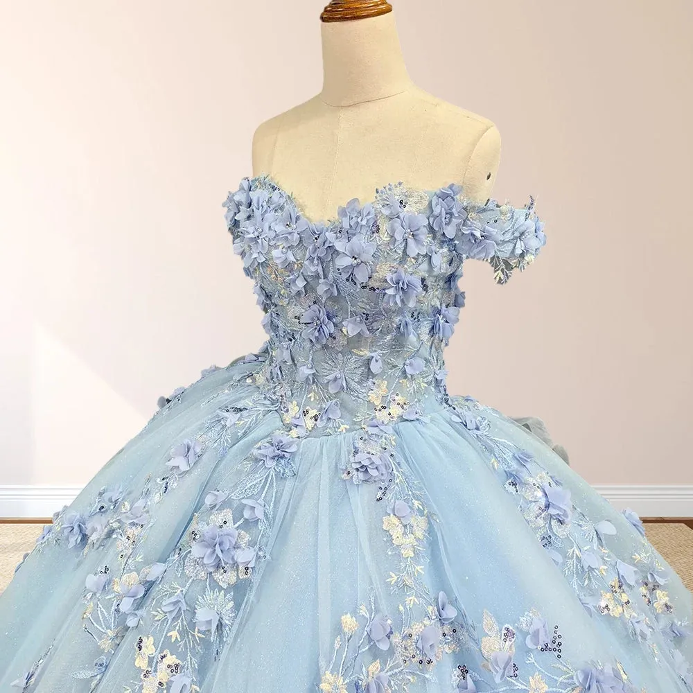 Sky Blue Lace Princess Appliqued Quinceanera Dress