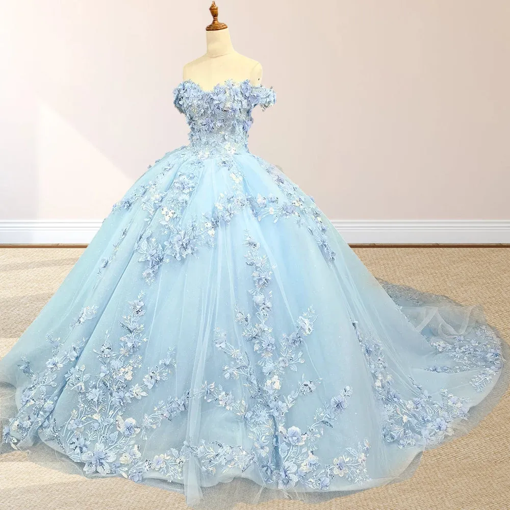 Sky Blue Lace Princess Appliqued Quinceanera Dress