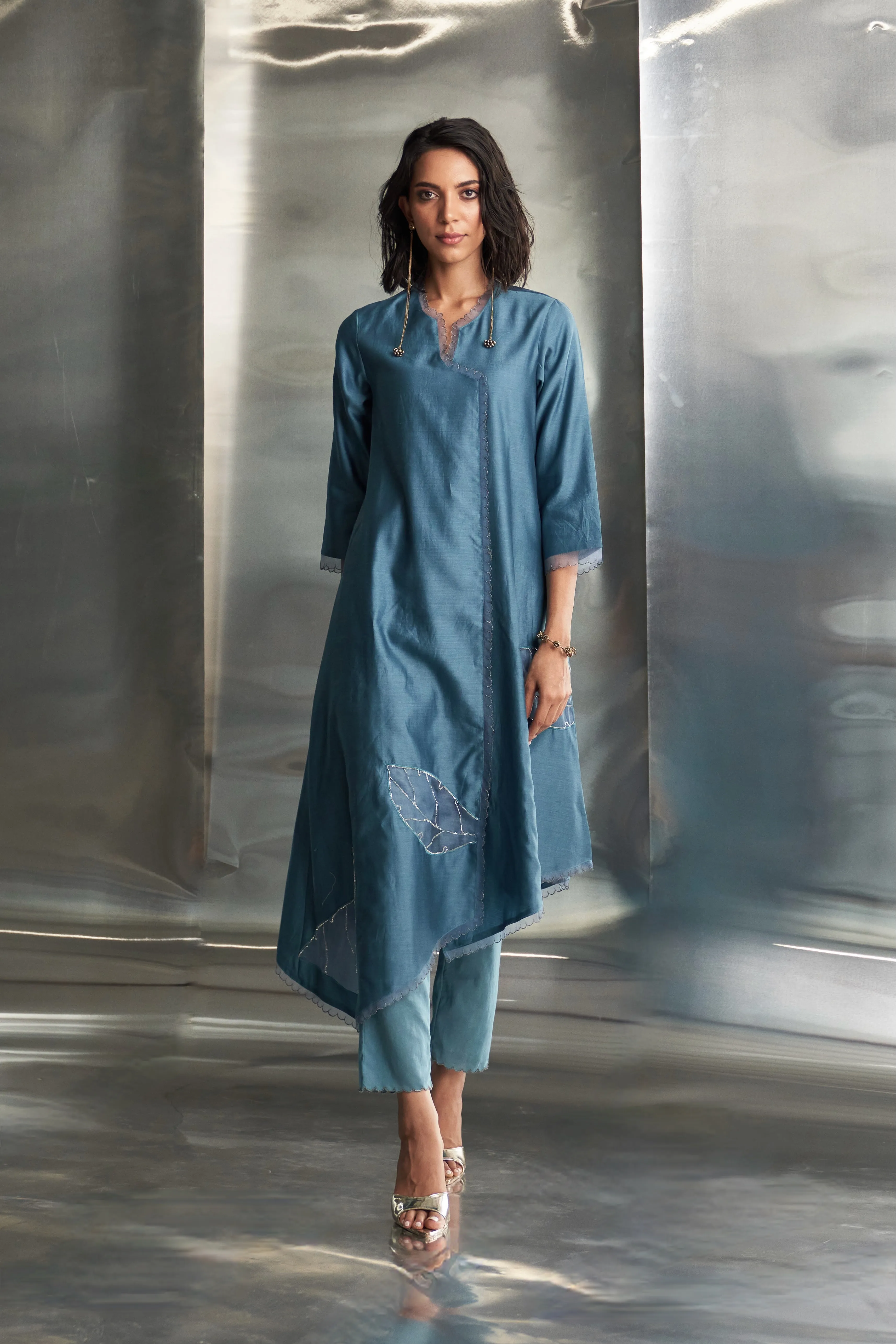 Steel Blue Chanderi Asymmetrical Kurta Set