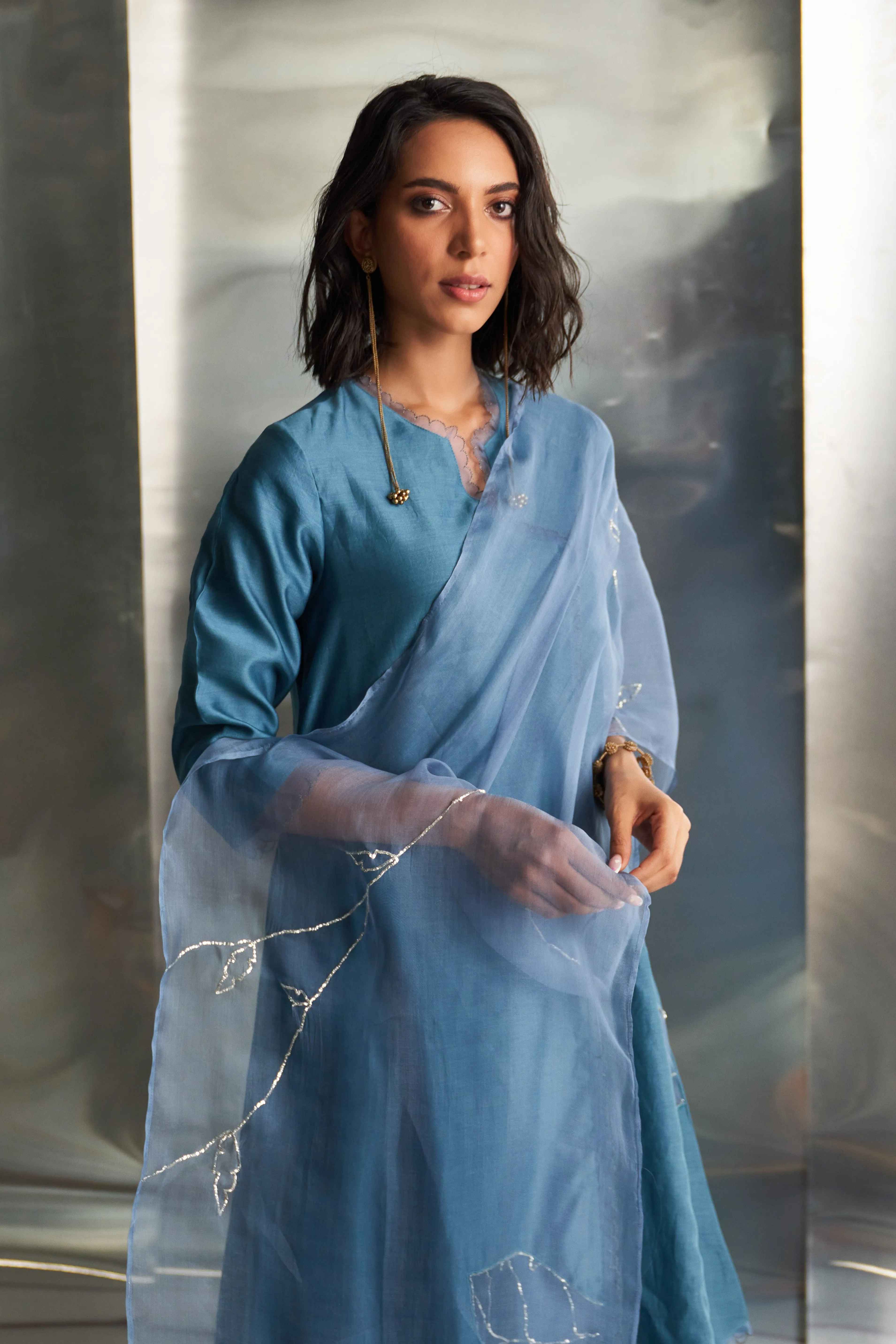 Steel Blue Chanderi Asymmetrical Kurta Set