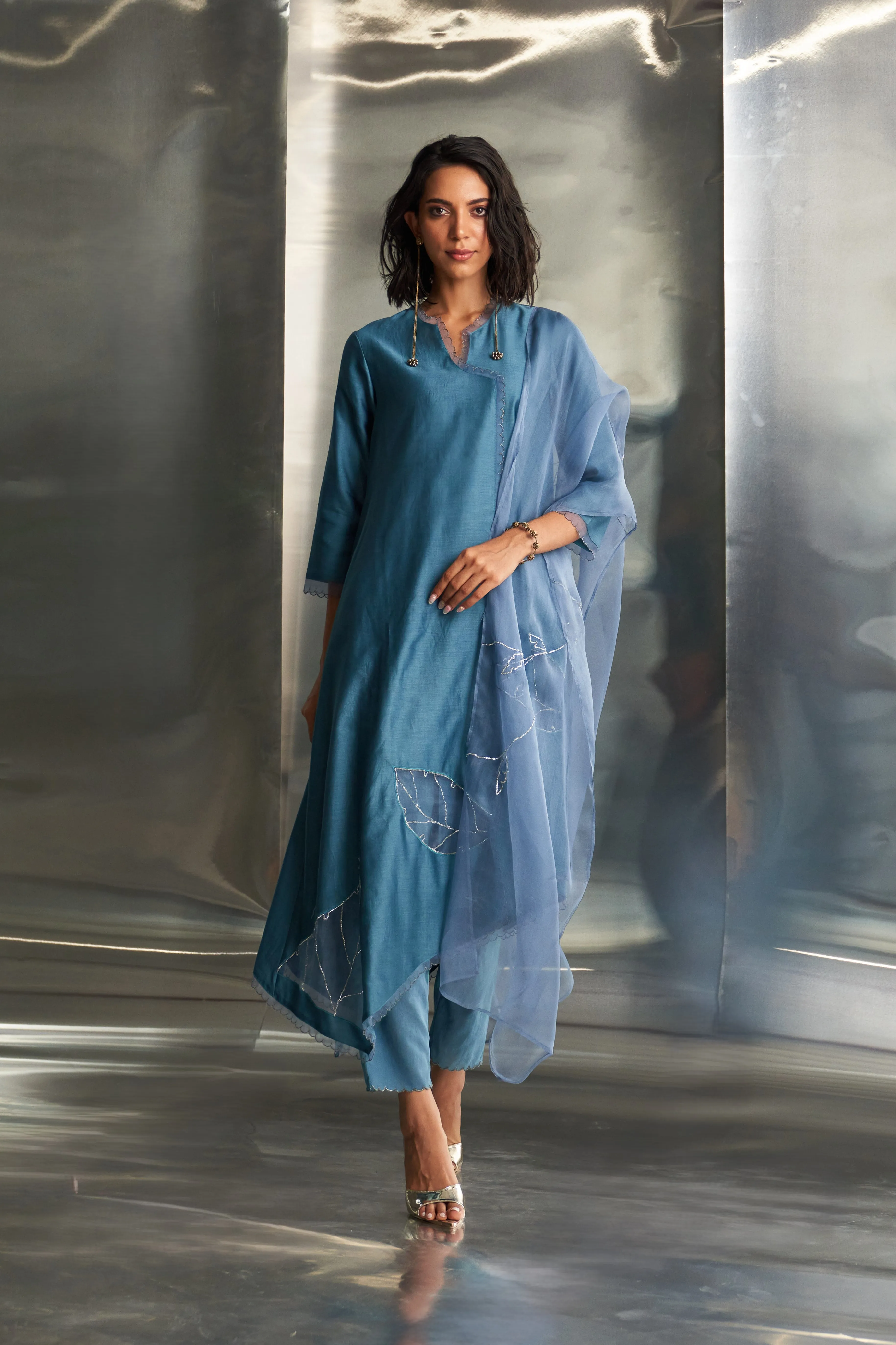 Steel Blue Chanderi Asymmetrical Kurta Set