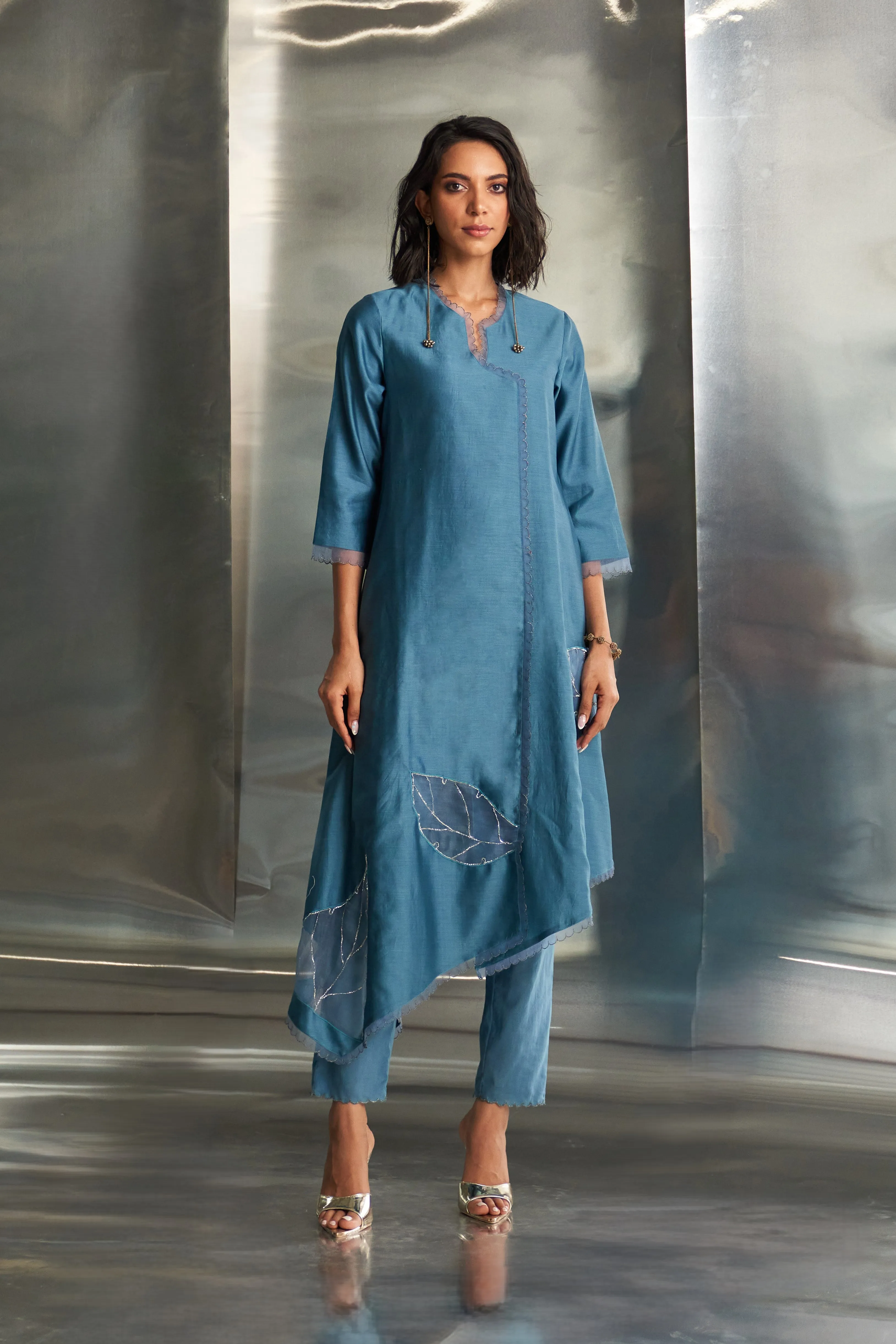 Steel Blue Chanderi Asymmetrical Kurta Set