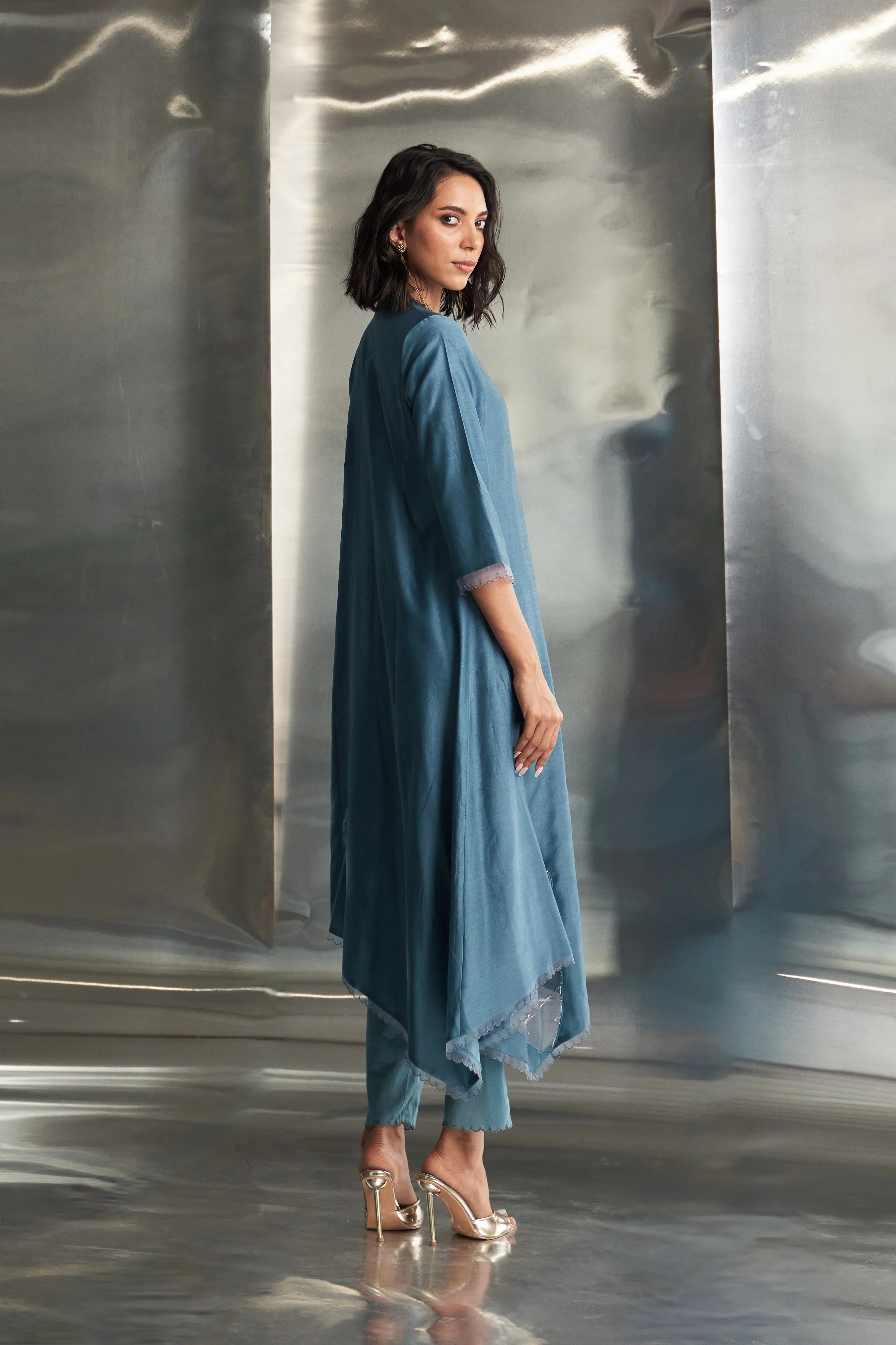 Steel Blue Chanderi Asymmetrical Kurta Set