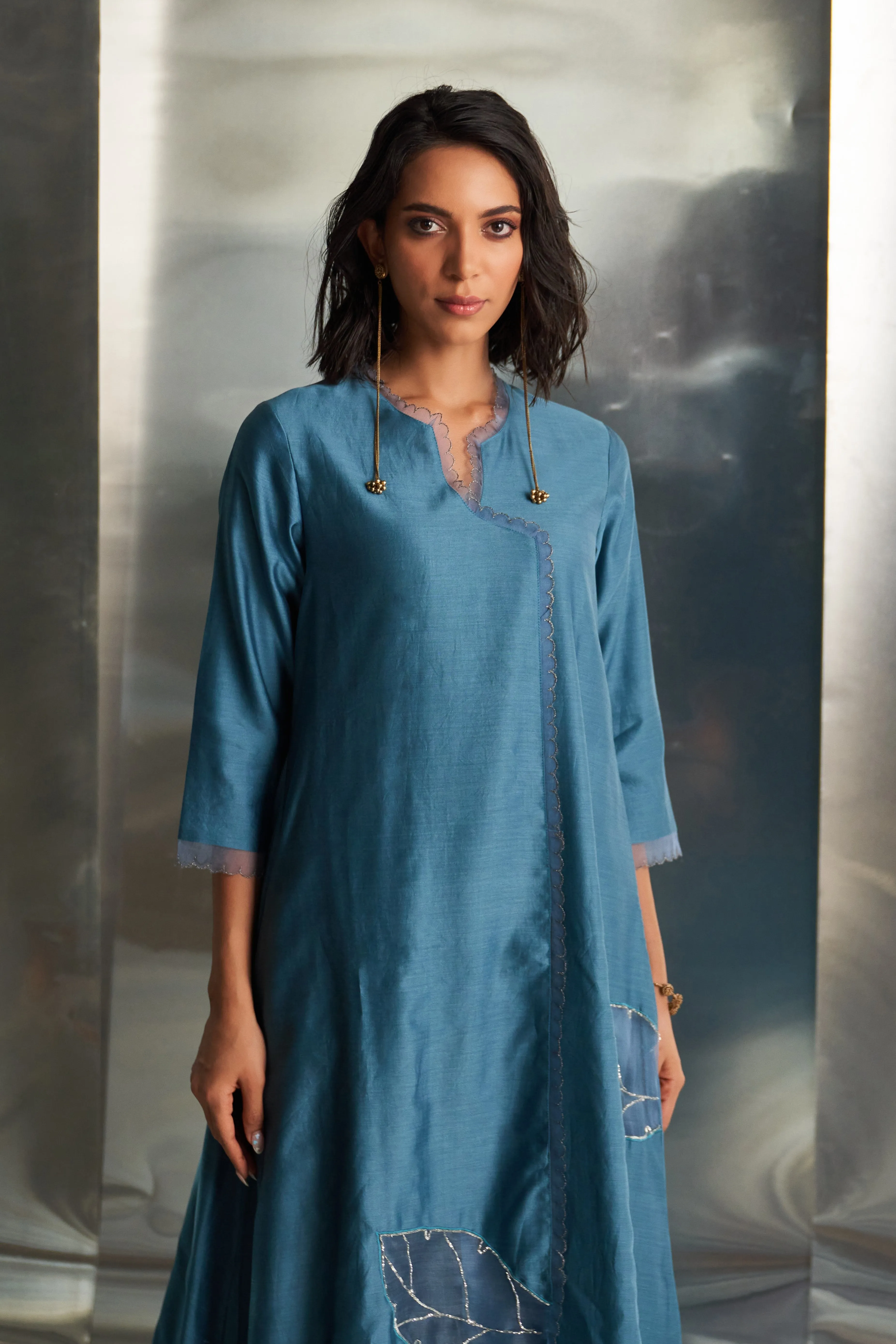 Steel Blue Chanderi Asymmetrical Kurta Set