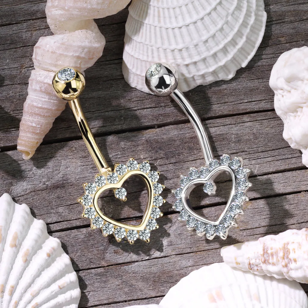 Taji Paved Heart Belly Ring in 14K White Gold