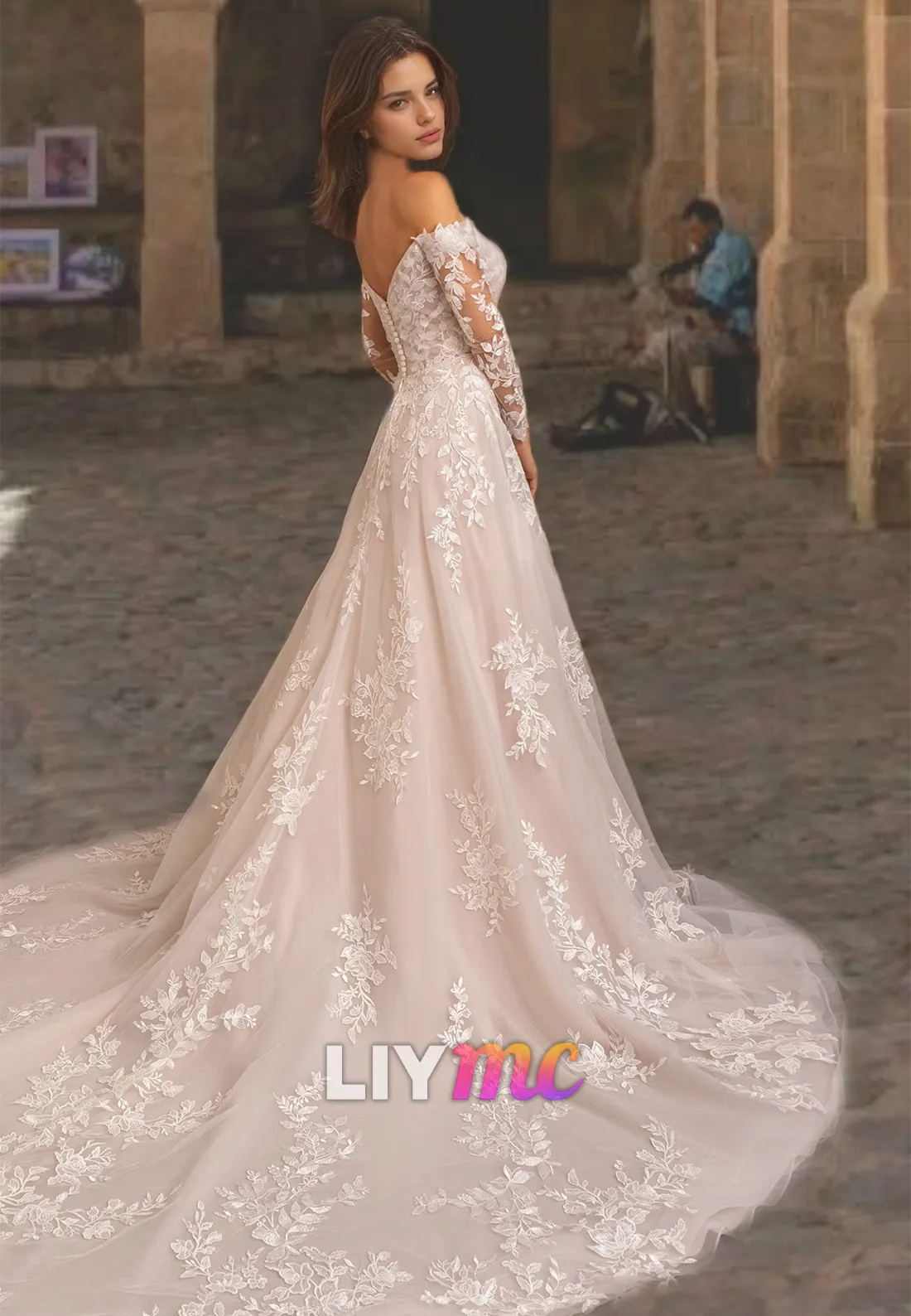 V-Neck Long Sleeves Appliques Tulle A-Line Ball Gown Wedding Dress