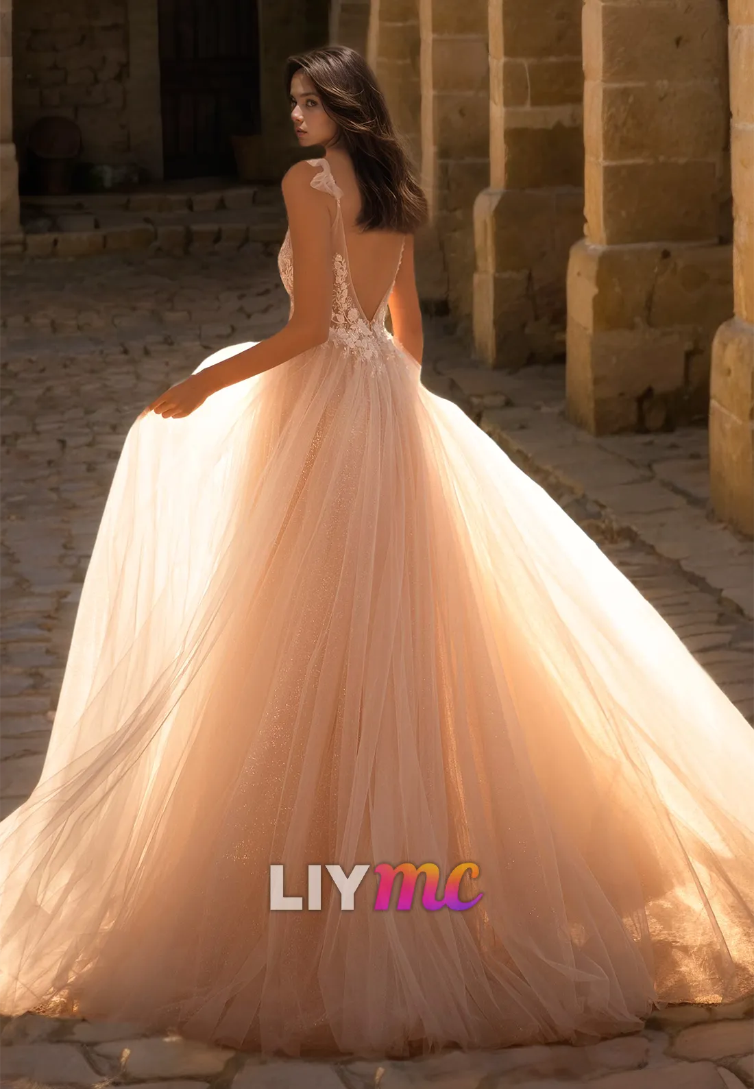 V-Neck Sleeveless Appliques Tulle Ball Gown Wedding Dress