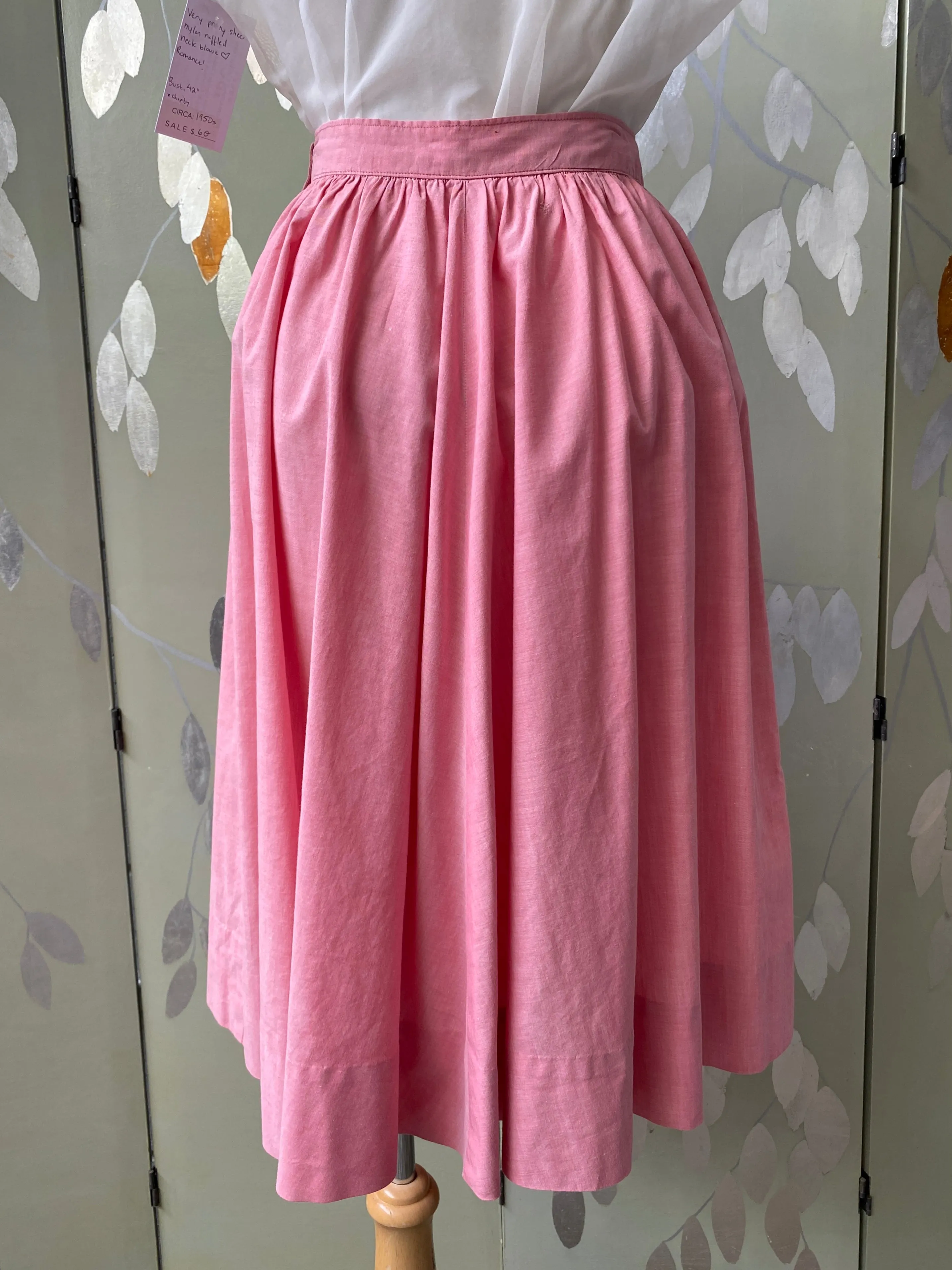 Vintage 1950s Pink Cotton Gathered Skirt, W24"