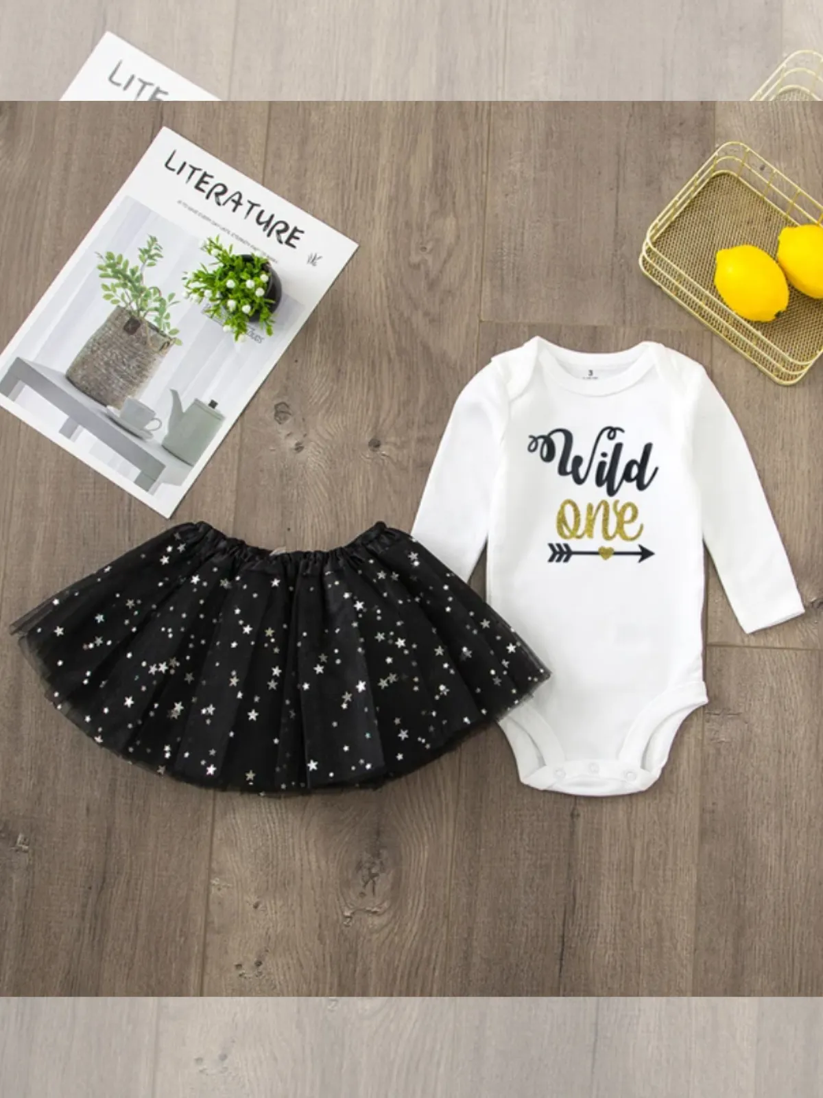 Wild One Starry Tutu Set - Playful Long-Sleeve Bodysuit and Sparkling Skirt Combo