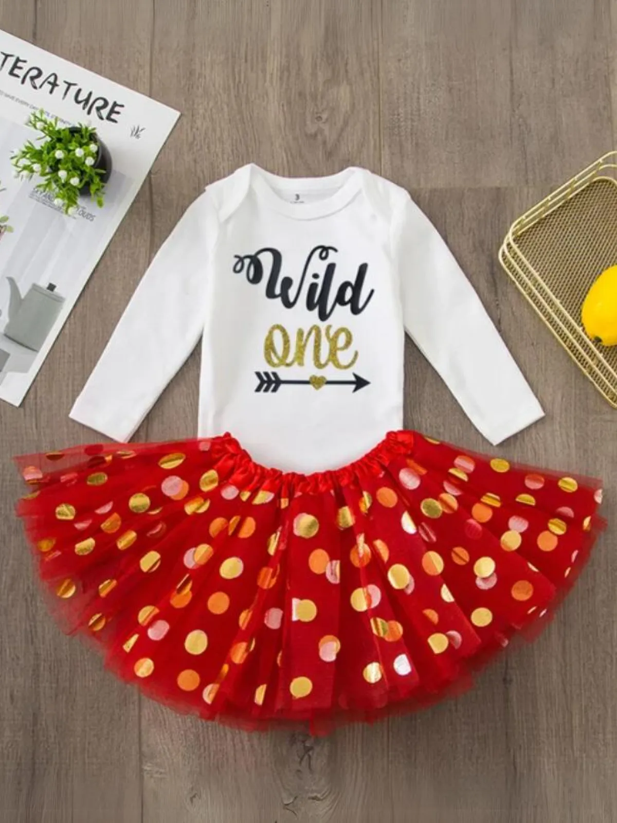 Wild One Starry Tutu Set - Playful Long-Sleeve Bodysuit and Sparkling Skirt Combo