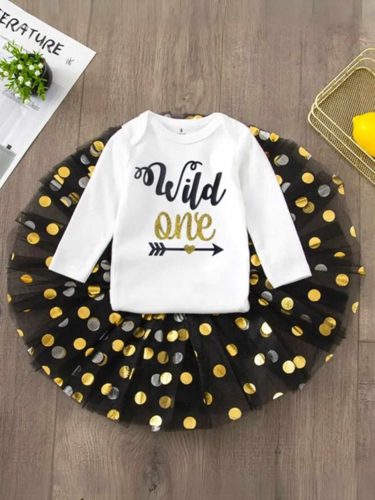 Wild One Starry Tutu Set - Playful Long-Sleeve Bodysuit and Sparkling Skirt Combo