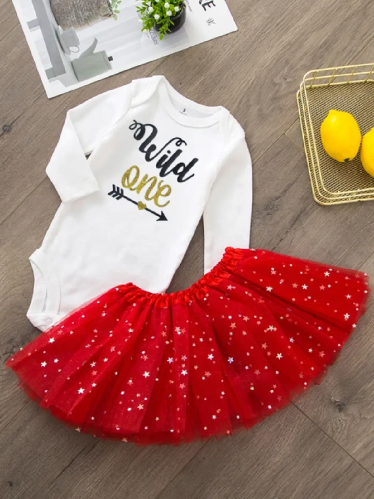 Wild One Starry Tutu Set - Playful Long-Sleeve Bodysuit and Sparkling Skirt Combo