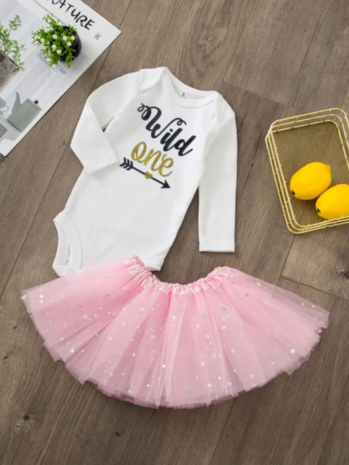 Wild One Starry Tutu Set - Playful Long-Sleeve Bodysuit and Sparkling Skirt Combo