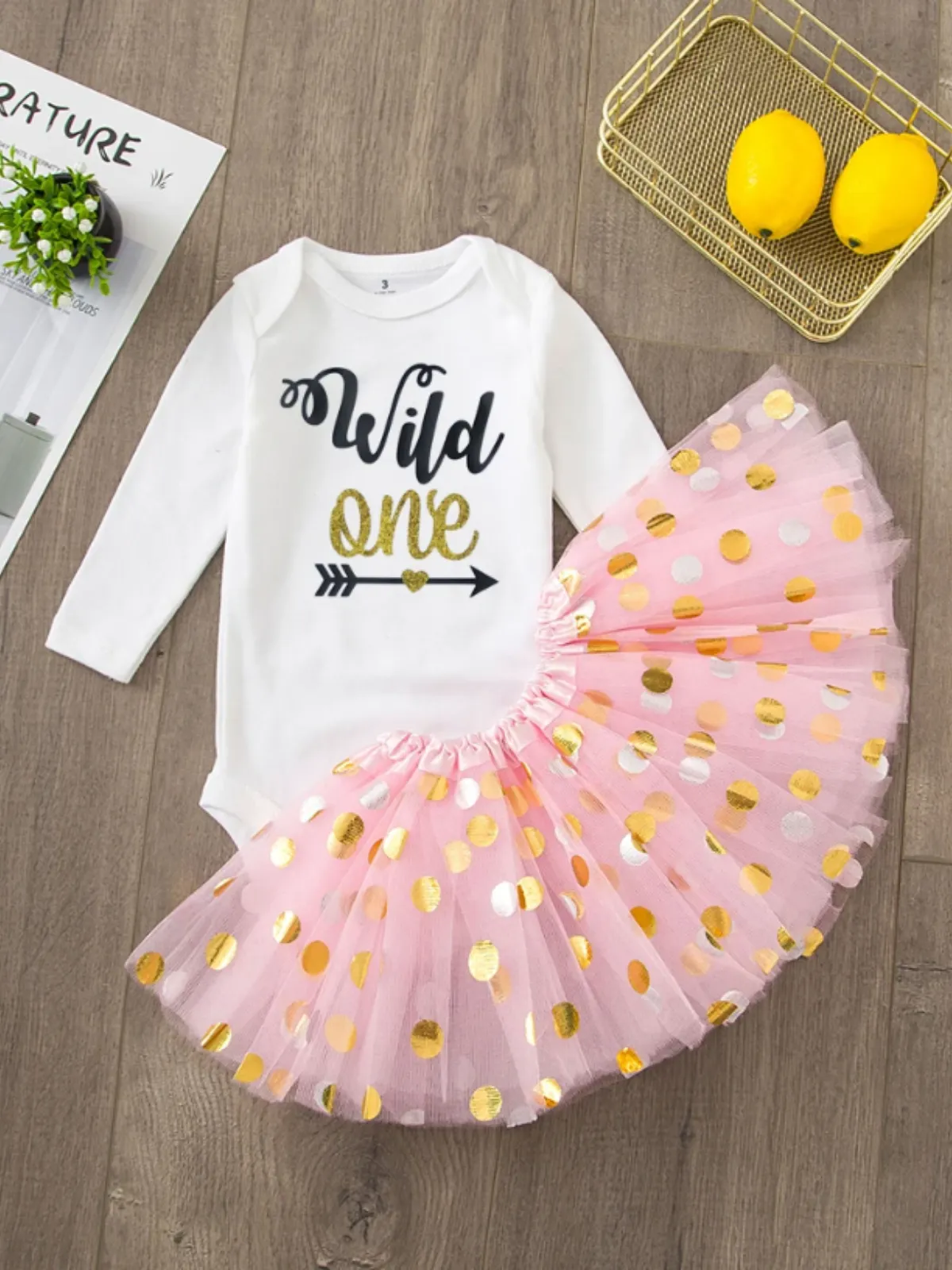 Wild One Starry Tutu Set - Playful Long-Sleeve Bodysuit and Sparkling Skirt Combo