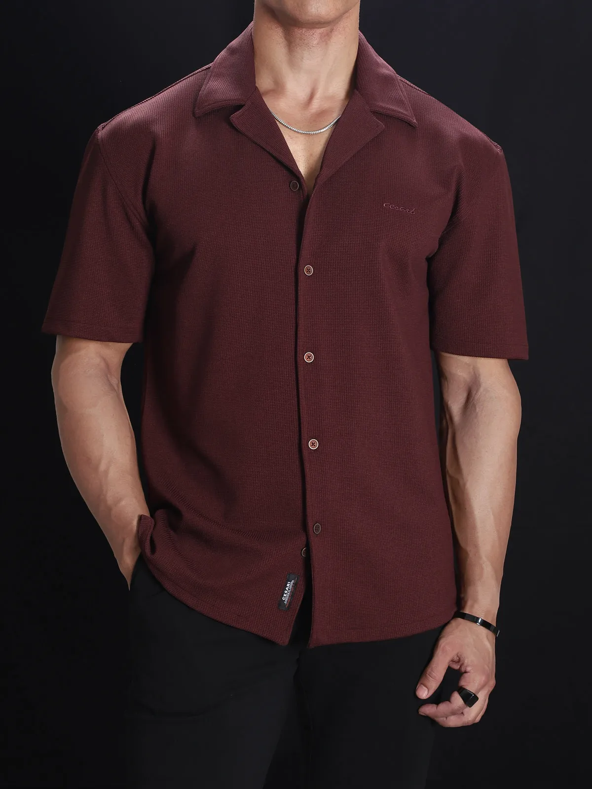 Wine Textured Bowling Shirt