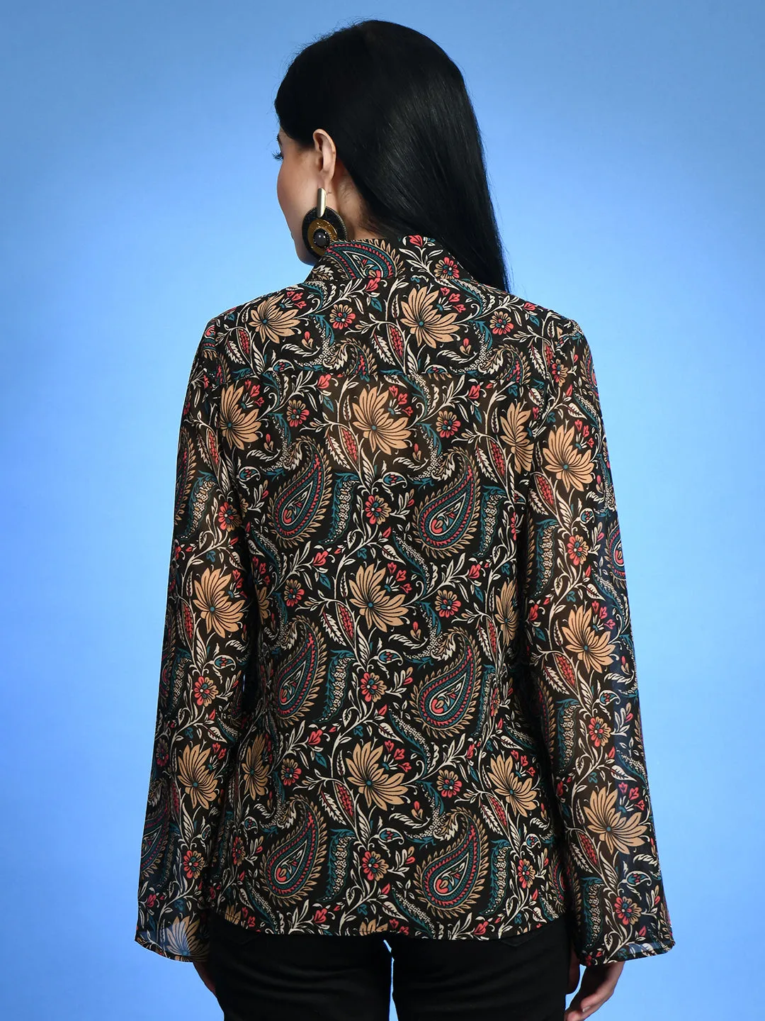 Women Classic Slim Fit Floral Printed Semi Sheer Shirt