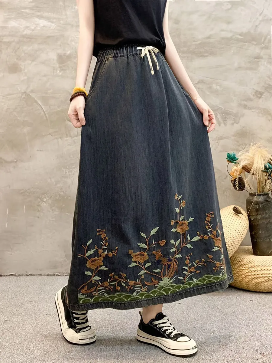 Women Summer Artsy Flower Embroidert Denim Skirt FG1009