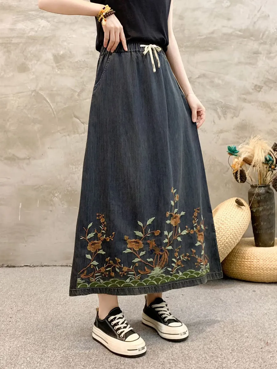 Women Summer Artsy Flower Embroidert Denim Skirt FG1009