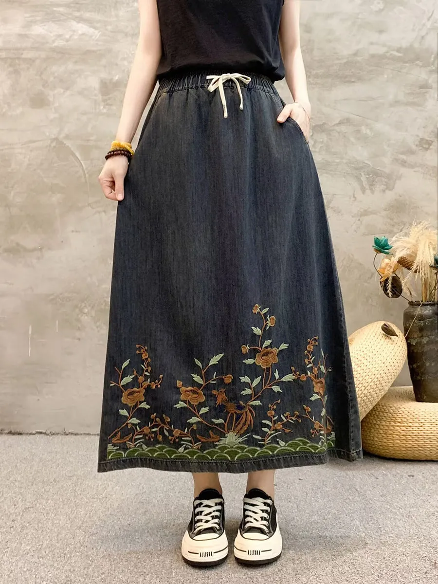 Women Summer Artsy Flower Embroidert Denim Skirt FG1009