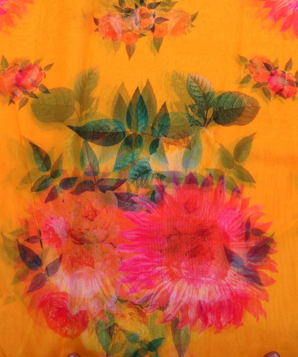 Yellow Colour Floral Print Organza Silk Fabric