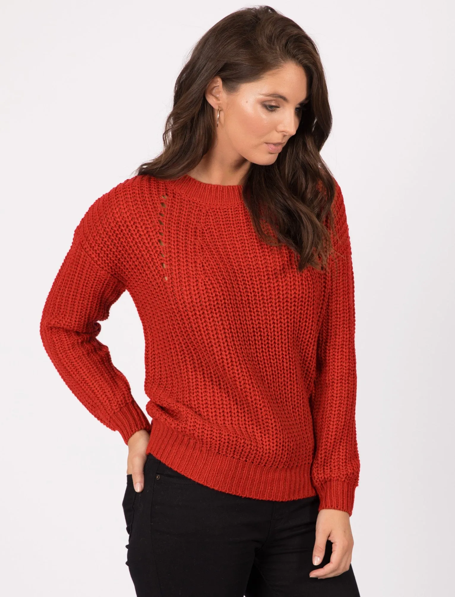 Zember Fisherman Knit Pointelle Jumper in Crimson - Tokyo Laundry